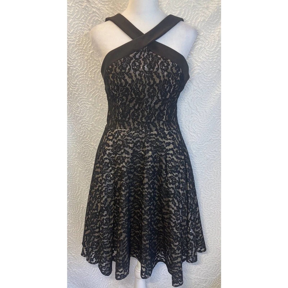 ABS by Allen Schwartz Black Lace Overlay Glitter Fit Flare Dress Size 4 prom